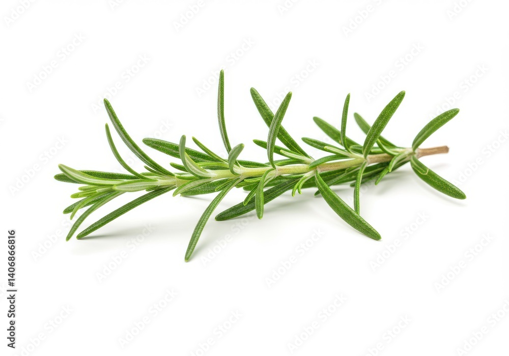 A single sprig of fresh rosemary with green leaves isolated against a white background surface top view A single sprig of fresh rosemary with green leaves isolated against a white background surface top view