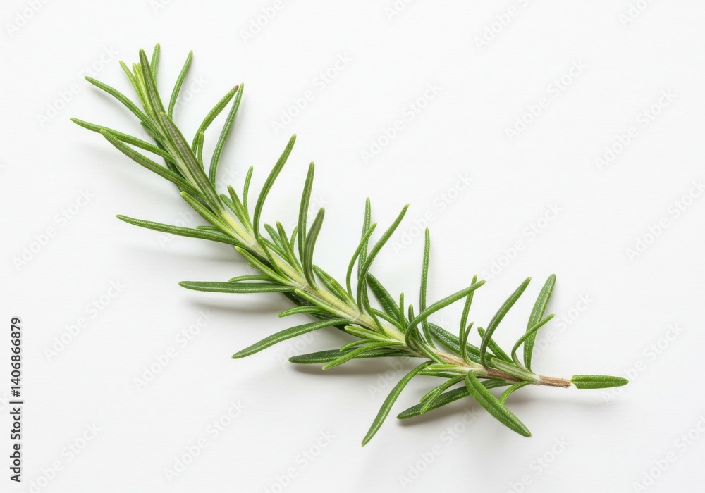 Fototapeta premium A single sprig of fresh rosemary with needle like leaves against a plain white background on a flat surface
