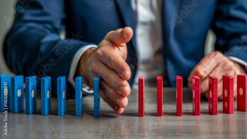 A close-up photograph of a hand reaching across a gray surface to stop a domino effect