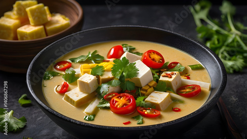 Traditional Tom Kha Soup with tofu and halved cherry tomatoes 