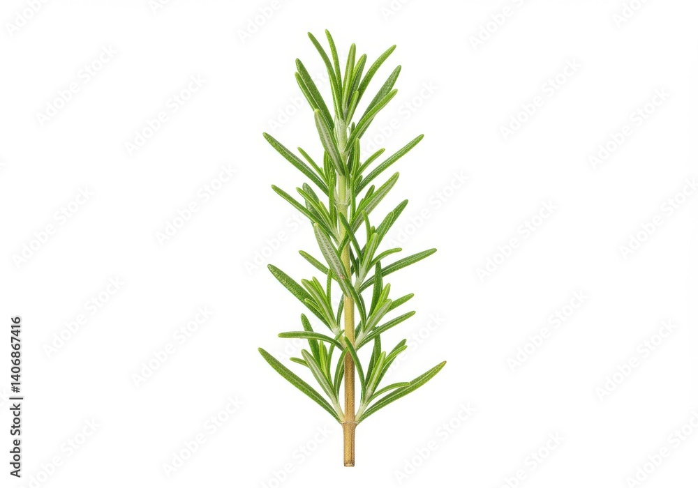 Isolated sprig of rosemary with green leaves on a white background in a vertical composition Isolated sprig of rosemary with green leaves on a white background in a vertical composition