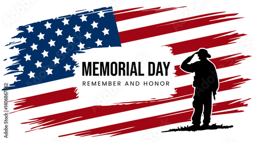 Memorial Day Vector Soldier Silhouette with Grunge American Flag Background