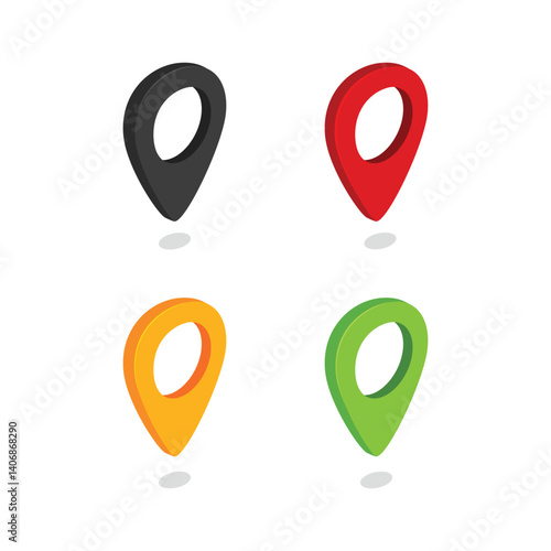 Map pointer isometric pin. Colourfull Vector set of location symbols. Isometric black, green, yellow, and red pin for map isometric isolated on white background.