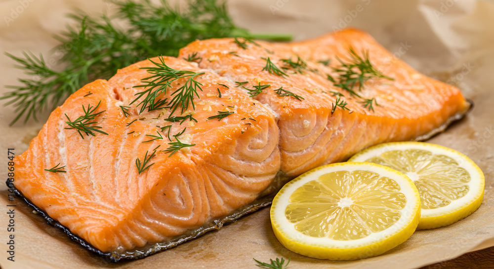 Delicious Salmon Steak Grilled With Lemon And Fresh Aromatic Dill Herb Delicious Salmon Steak Grilled With Lemon And Fresh Aromatic Dill Herb