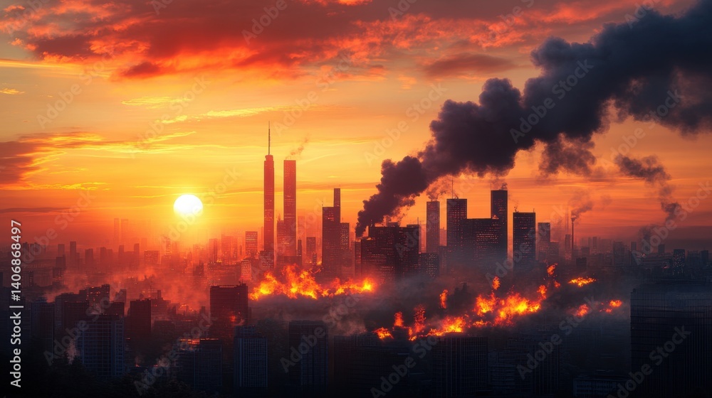 Apocalyptic cityscape with burning skyscrapers and dark smoke billowing into the orange twilight sky Apocalyptic cityscape with burning skyscrapers and dark smoke billowing into the orange twilight sky