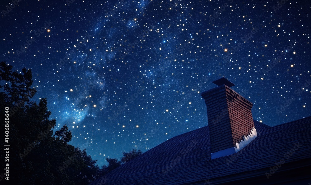 Starry night sky over chimney and rooftop with vibrant celestial details
