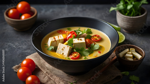Vegan Tom Kha Soup with tofu and vegetables in dark bowl 