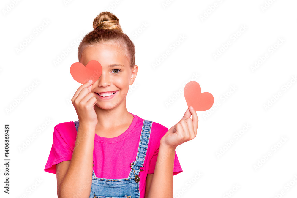 Copyspace photo of cute nice cheerful girl looking out of red heart ahspe smiling toothily wearing fuchsia t-shirt jeans denim isolated over pink pastel color background Copyspace photo of cute nice cheerful girl looking out of red heart ahspe smiling toothily wearing fuchsia t-shirt jeans denim isolated over pink pastel color background