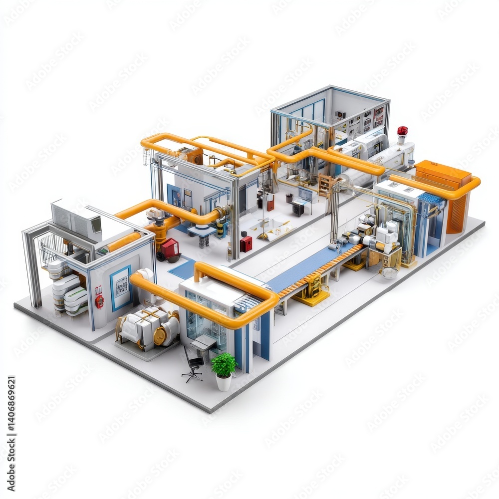 Industrial Factory Floor Layout with Piping and Equipment Overview Industrial Factory Floor Layout with Piping and Equipment Overview
