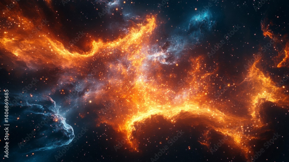 Fototapeta premium Fiery Orange and Blue Nebula in Dark Space