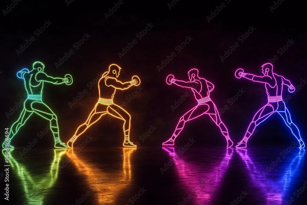 Colorful Kickboxing Silhouettes Showcasing Skill and Energy in a Dynamic Display. Generative AI Colorful Kickboxing Silhouettes Showcasing Skill and Energy in a Dynamic Display. Generative AI