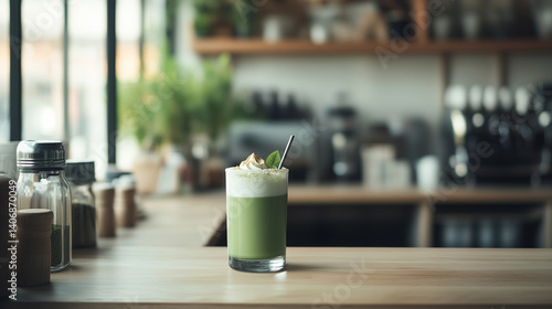 Refreshing green beverage served in a glass on a wooden counter in a bright cafe setting during daytime hours