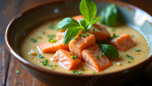 Homemade Tom Kha Soup with salmon on wooden table 