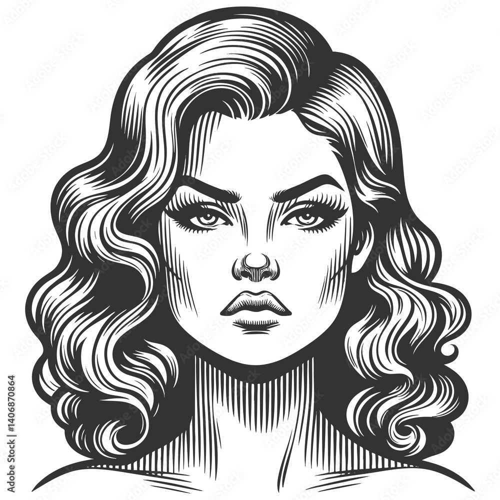 woman with an intense, skeptical look with disgust and disdain, dressed in mid-century fashion sketch engraving generative ai fictional character raster illustration. Scratch board. Black and white. woman with an intense, skeptical look with disgust and disdain, dressed in mid-century fashion sketch engraving generative ai fictional character raster illustration. Scratch board. Black and white.