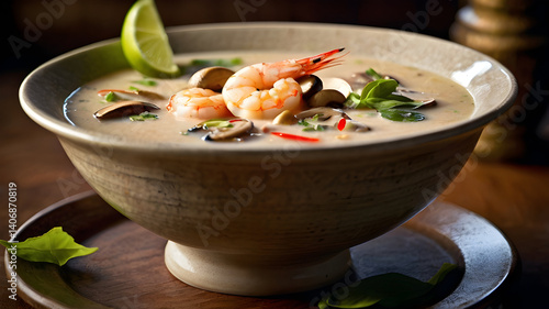 Traditional Tom Kha Soup with shrimp and aromatic herbs