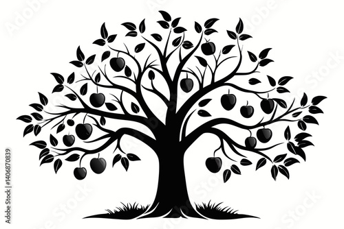 plum tree silhouette line art vector illustration