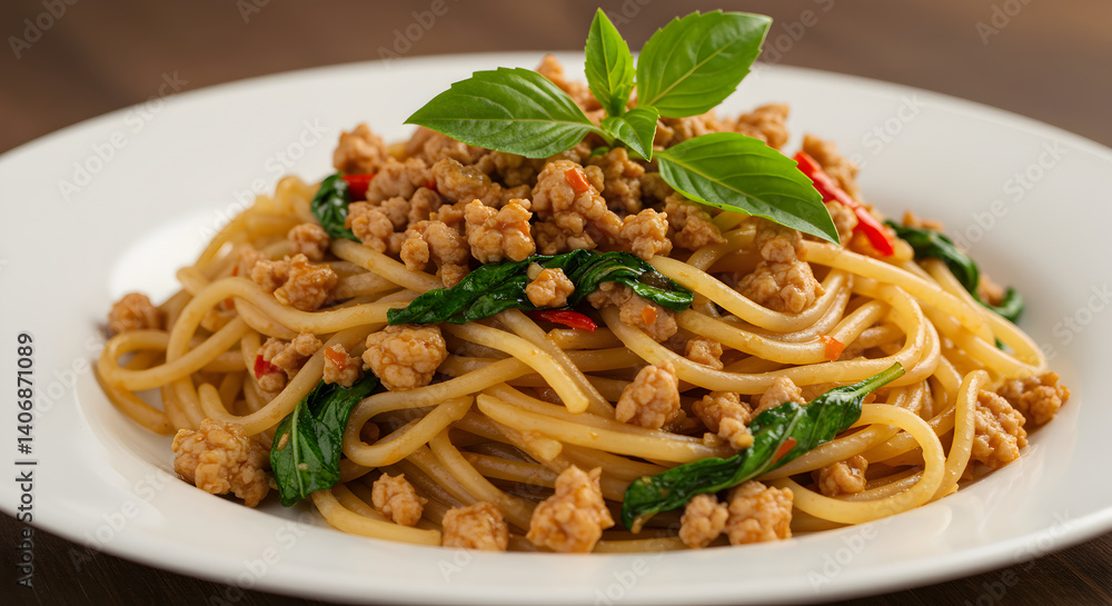Delicious Spaghetti Topped with Minced Meat and Basil Leaves in a Plate Delicious Spaghetti Topped with Minced Meat and Basil Leaves in a Plate