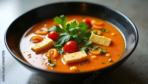 Fragrant Tom Kha Soup with tofu and vegetables in dark bowl