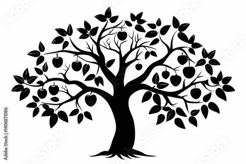 plum tree silhouette line art vector illustration
