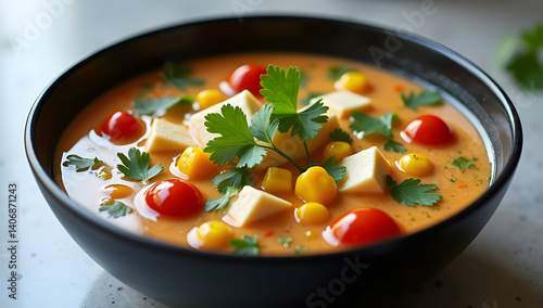 Vegetarian Tom Kha Soup with tofu and cherry tomatoes 