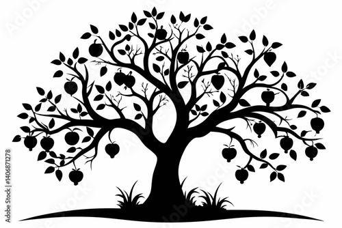 plum tree silhouette line art vector illustration
