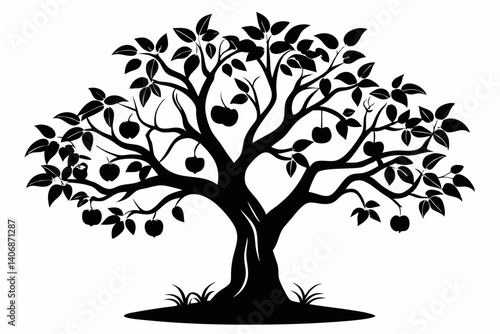 plum tree silhouette line art vector illustration