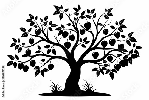 plum tree silhouette line art vector illustration