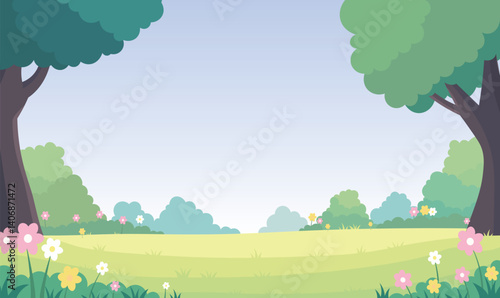 Beautiful Park Garden Nature Landscape with Flowers Plant Tree in Summer