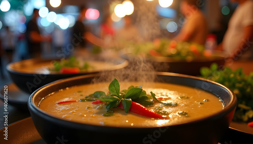 Steaming Tom Kha Soup at Asian night market 