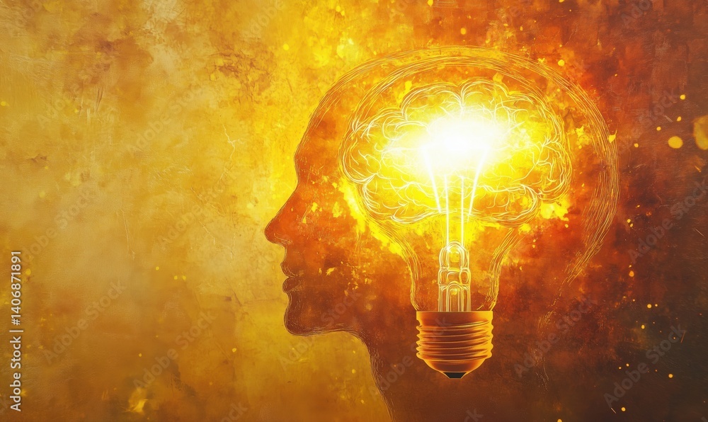Creative concept of human head with glowing brain and light bulb symbolizing ideas