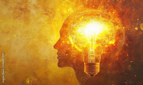 Obraz na płótnie Creative concept of human head with glowing brain and light bulb symbolizing ideas w salonie