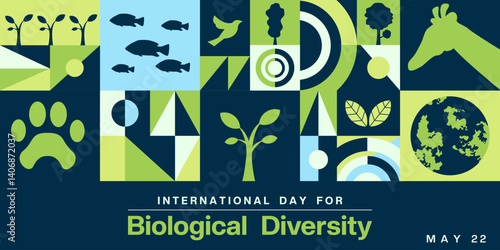May 22th is International Day For Biological Diversity. Geometric style, giraffe, animal icon, fish, plant and more. Great for posters, banners, social media and more. Dark blue background.