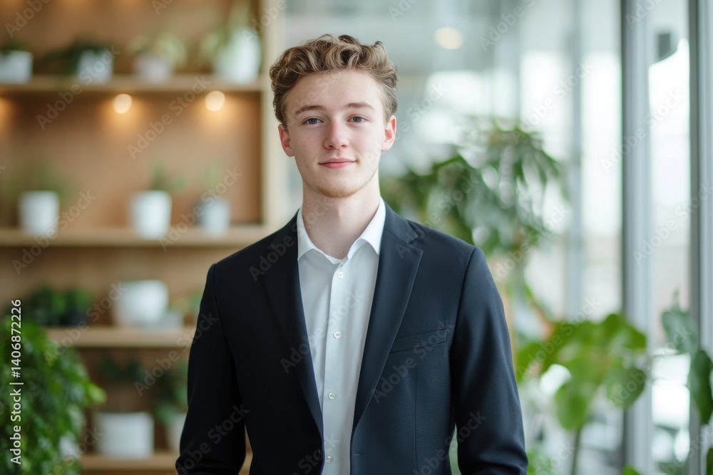 A confident young businessman in a dark suit, standing in a modern, brightly lit office A confident young businessman in a dark suit, standing in a modern, brightly lit office