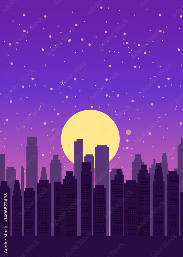 Fototapeta premium Night city poster, cityscape background with bright and glowing Moon