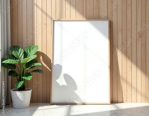Minimalist poster mockup on wooden wall with plant
