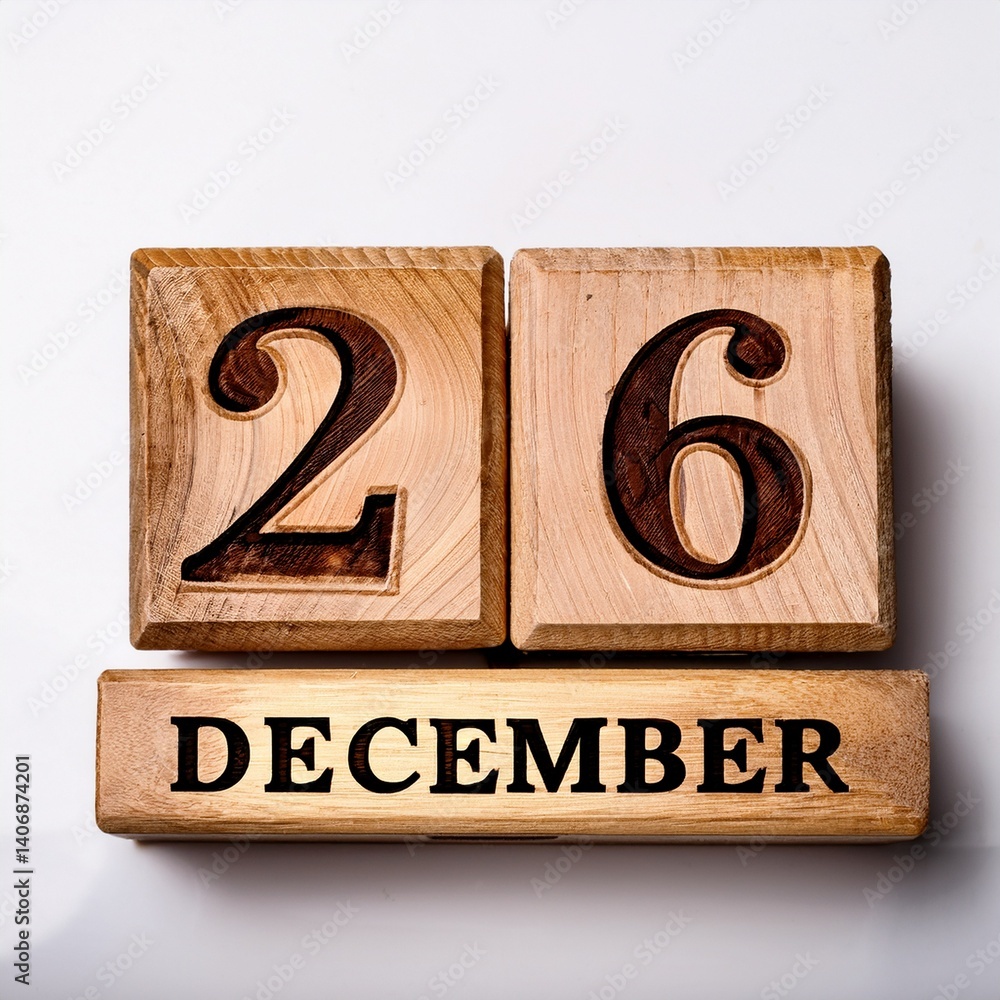 Minimalist photo of wooden blocks with date 26 December. Day and month, calendar on white background Minimalist photo of wooden blocks with date 26 December. Day and month, calendar on white background