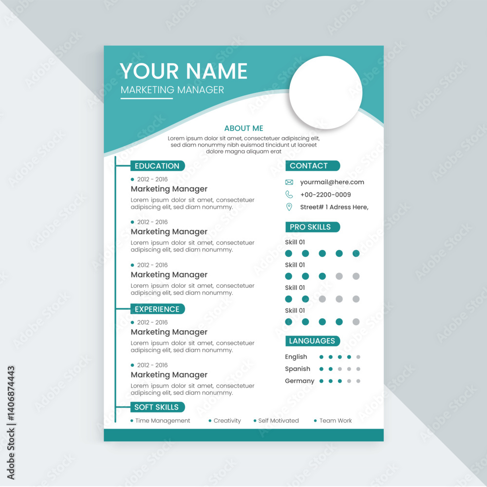 Elegant and clean cv, resume template with teal color theme
Elegant and clean cv, resume template with teal color theme