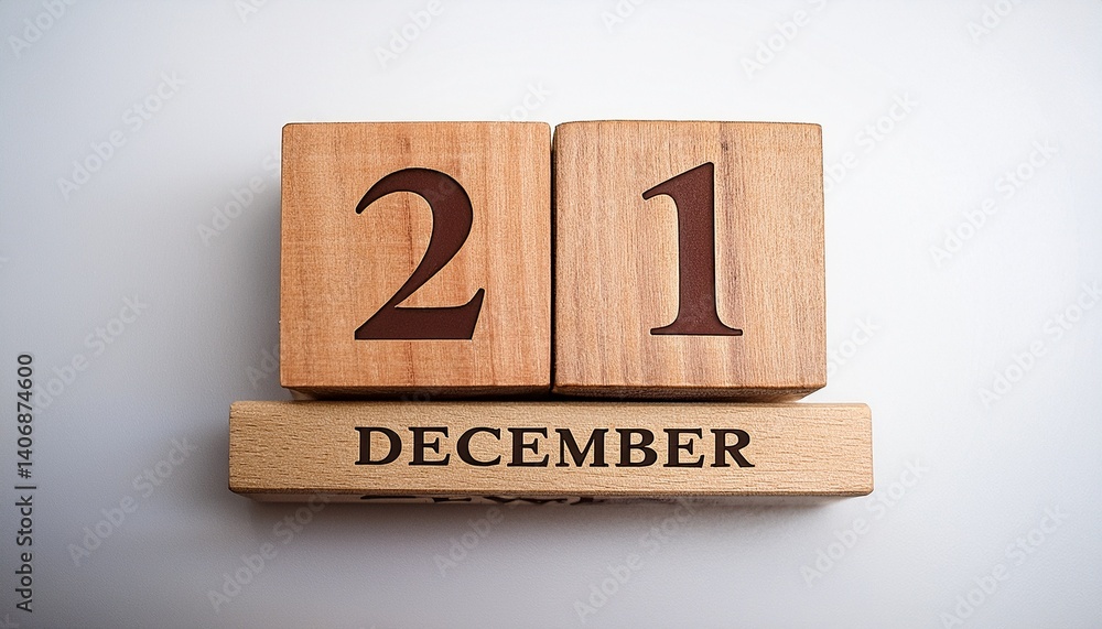 Minimalist photo of wooden blocks with date 21 December. Day and month, calendar on white background Minimalist photo of wooden blocks with date 21 December. Day and month, calendar on white background