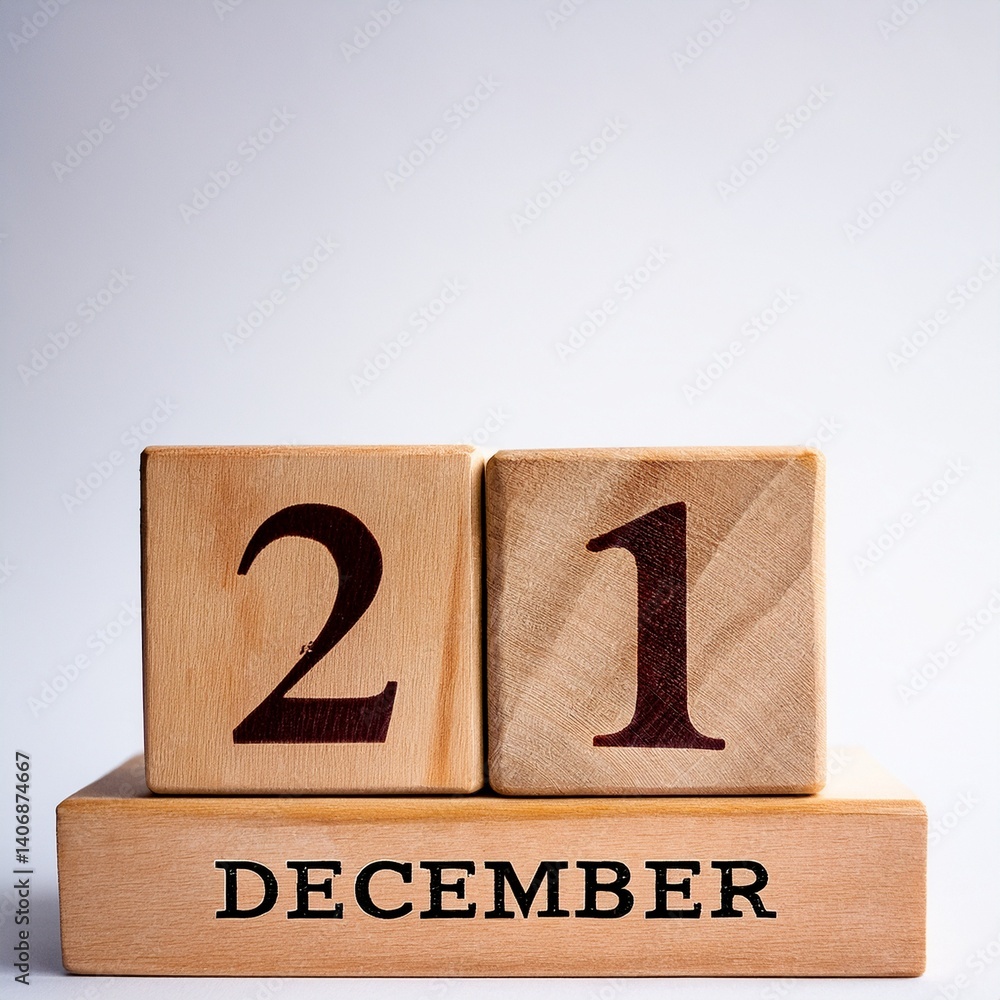 Minimalist photo of wooden blocks with date 21 December. Day and month, calendar on white background Minimalist photo of wooden blocks with date 21 December. Day and month, calendar on white background