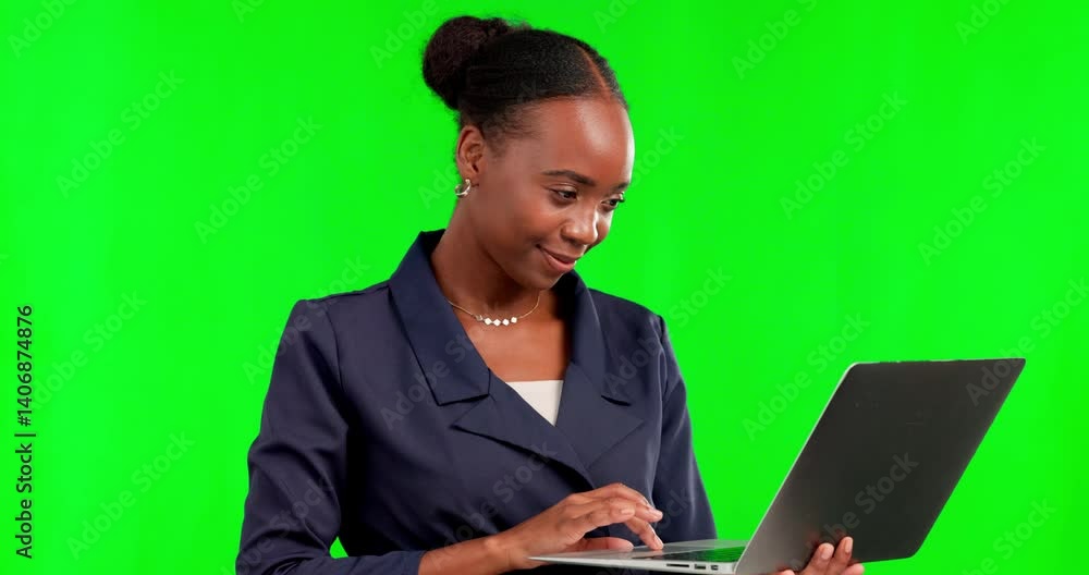 Woman on laptop in green screen background for business research, digital marketing and online management. Black person on computer tech with studio mockup for corporate or professional career typing Woman on laptop in green screen background for business research, digital marketing and online management. Black person on computer tech with studio mockup for corporate or professional career typing