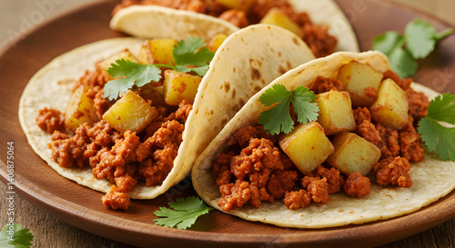 Chorizo Tacos Topped With Potatoes and Fresh Cilantro On a Wooden Platter