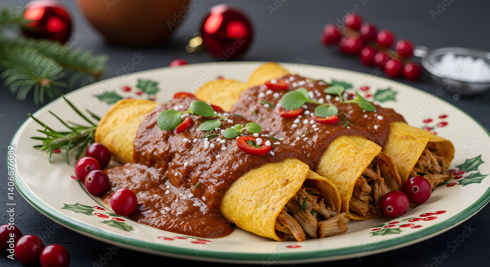 Festive Enchiladas Adorned with Cranberries and Fresh Herbs Festive Enchiladas Adorned with Cranberries and Fresh Herbs