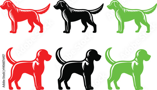 Minimalist dog silhouettes, stylized canine icons, red green and black color scheme, simple geometric shapes, clean lines, vector graphics style, logo design inspiration, modern pet illustrations, con