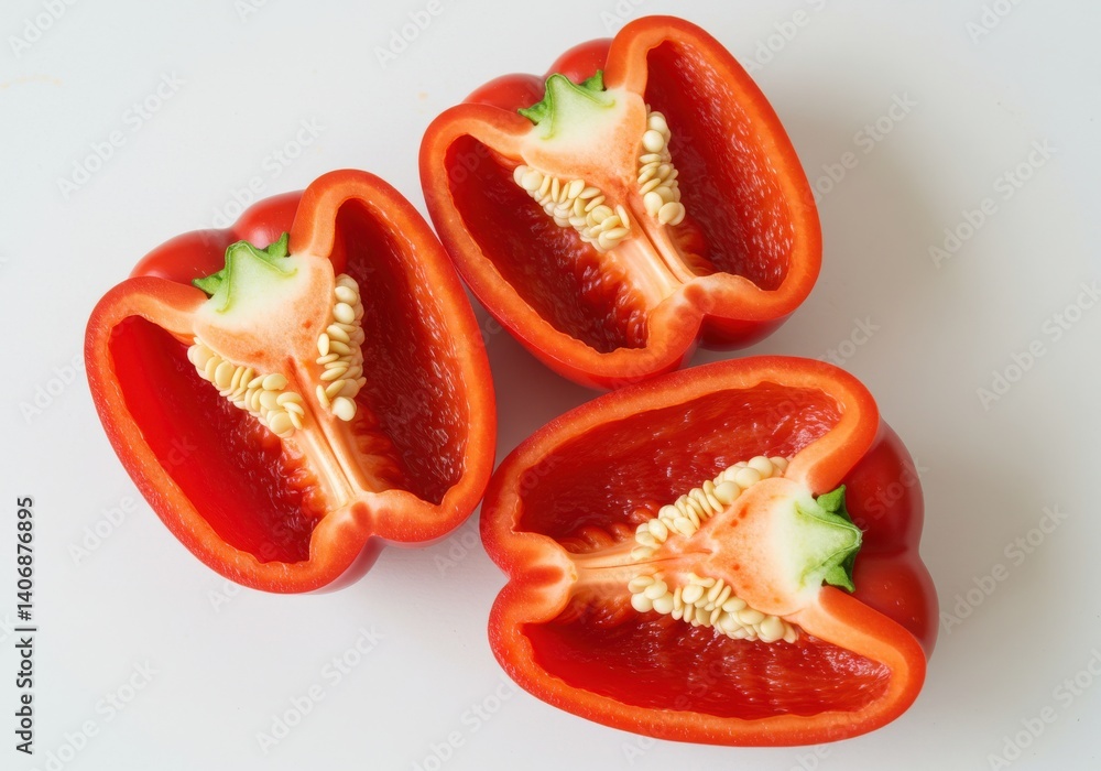 A top view of three red bell peppers two of which are cut in half on a white background surface A top view of three red bell peppers two of which are cut in half on a white background surface