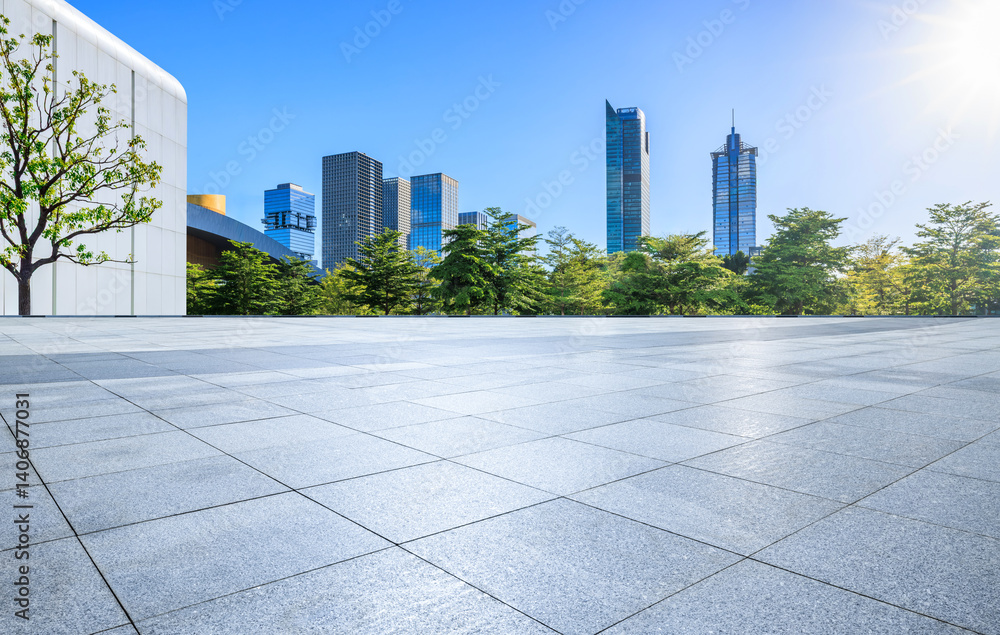 Empty square floor and modern commercial office buildings in Shenzhen