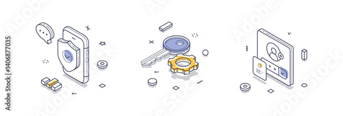 Collection of isometric line icons highlights essential elements of internet security, featuring a mobile device, a key, and a secure user's card. Digital protection. Vector illustration