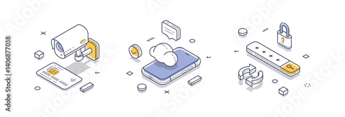 Set of isometric line icons illustrating essential internet security concepts. Features a surveillance camera, cloud storage, and secure lock symbols, highlighting the importance of safety online