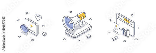 Collection of isometric line icons representing elements of social media. Included are a video player, a megaphone for announcements, and a mobile phone with engaging content.