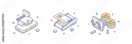 Isometric line icons showcasing online payment methods. Set includes digital transactions, card processing, and financial data analysis represented visually with modern design elements
