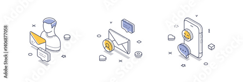 Isometric line icons representing diverse social media elements. It includes an avatar, messaging bubbles, and an envelope, reflecting modern communication practices. Vector set